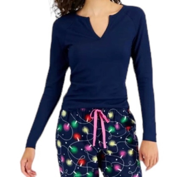 Jenni Split Neck Ribbed Pajama Top Bundle Navy Sail Blue June Bug Green Medium - Picture 7 of 13